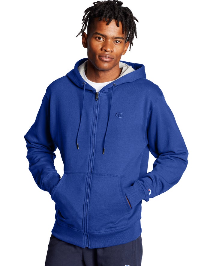 Champion Herre Hættetrøje Blå - Powerblend Fleece Full Zip C Logo - Danmark AJZ-578149